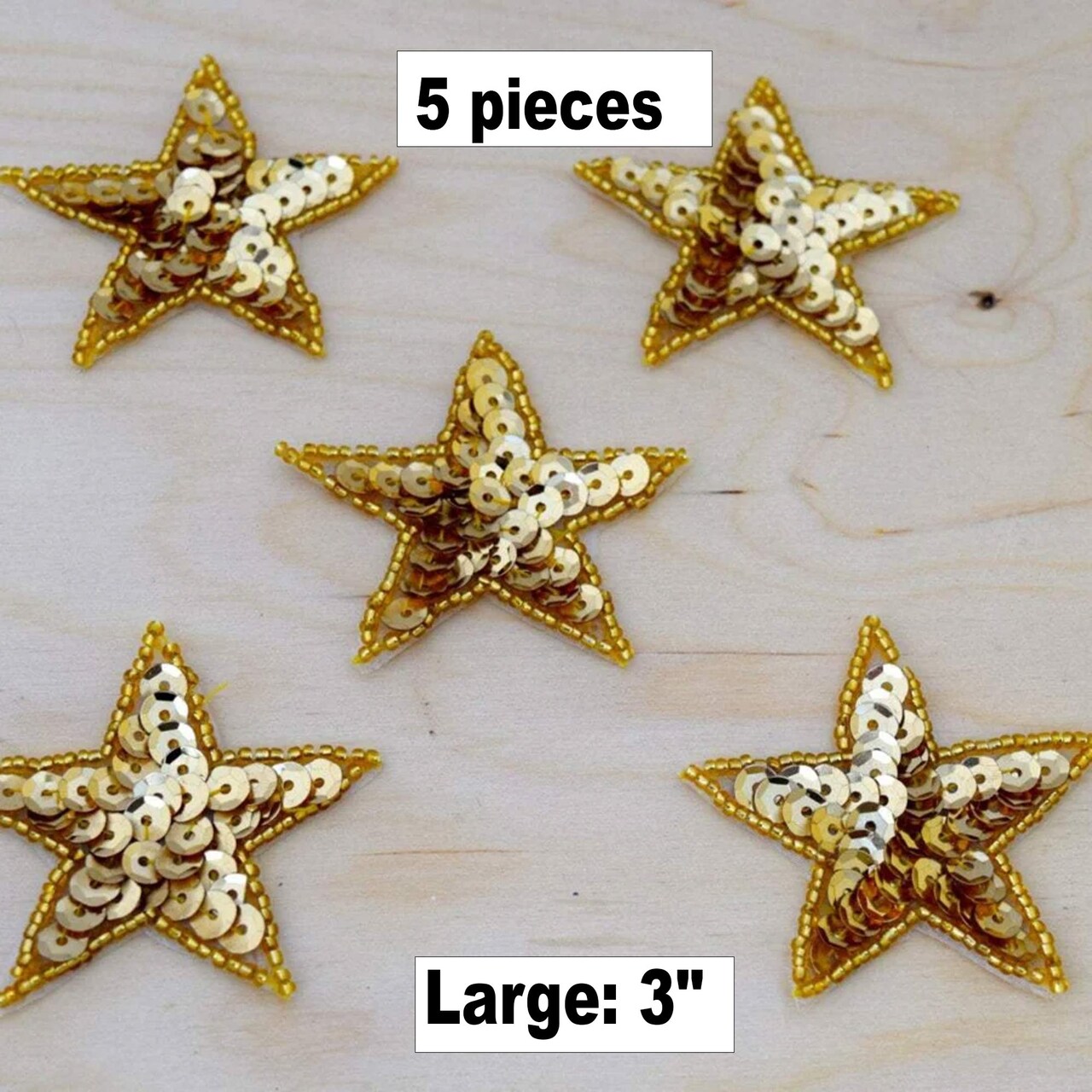 5 Large 3" Gold Sequin Beaded Star Iron On Patch for Clothing Crafts Accessories Decor